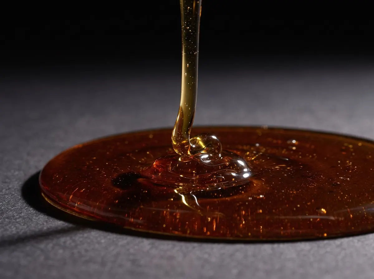 Raw honey pouring onto a surface