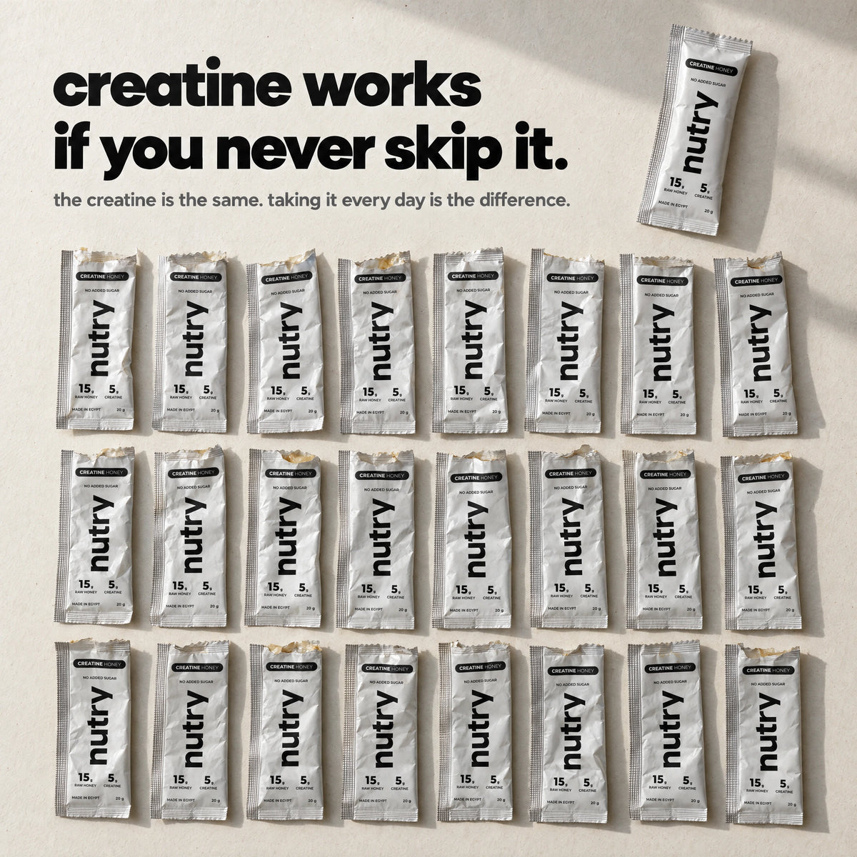 Creatine works if you never skip it: 24 torn, empty Nutry Creatine Honey sachets in rows, with one sealed sachet above them